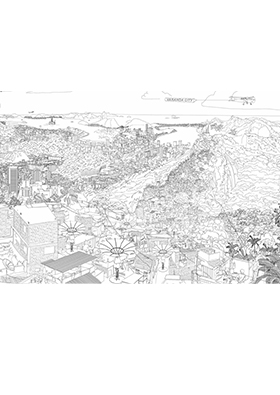Pictures shows drawn landscape of Rio de Janeiro and a Favela or correctly called informal settlement